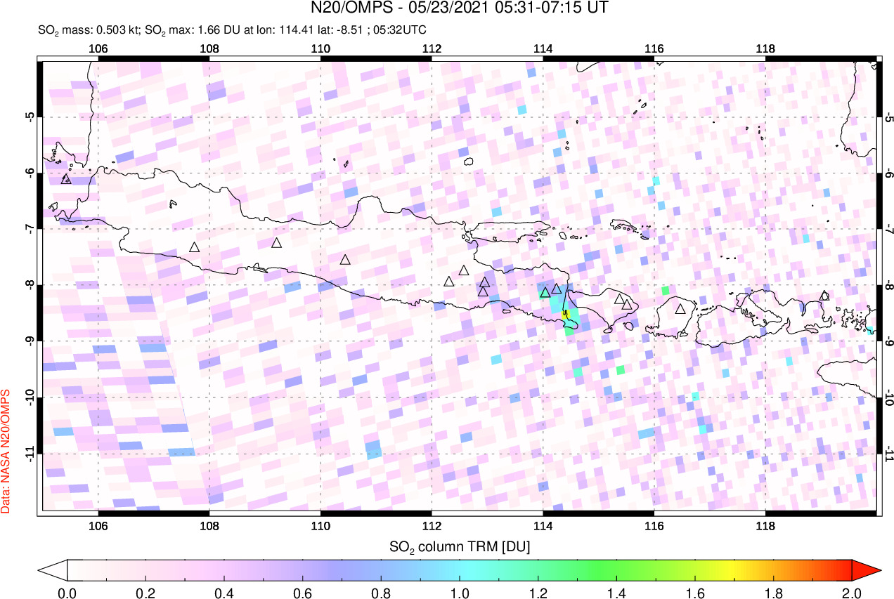 A sulfur dioxide image over Java, Indonesia on May 23, 2021.