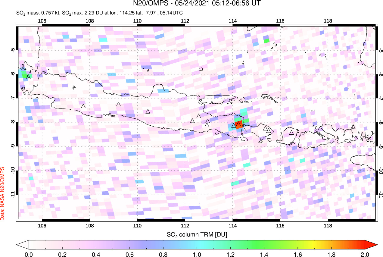 A sulfur dioxide image over Java, Indonesia on May 24, 2021.