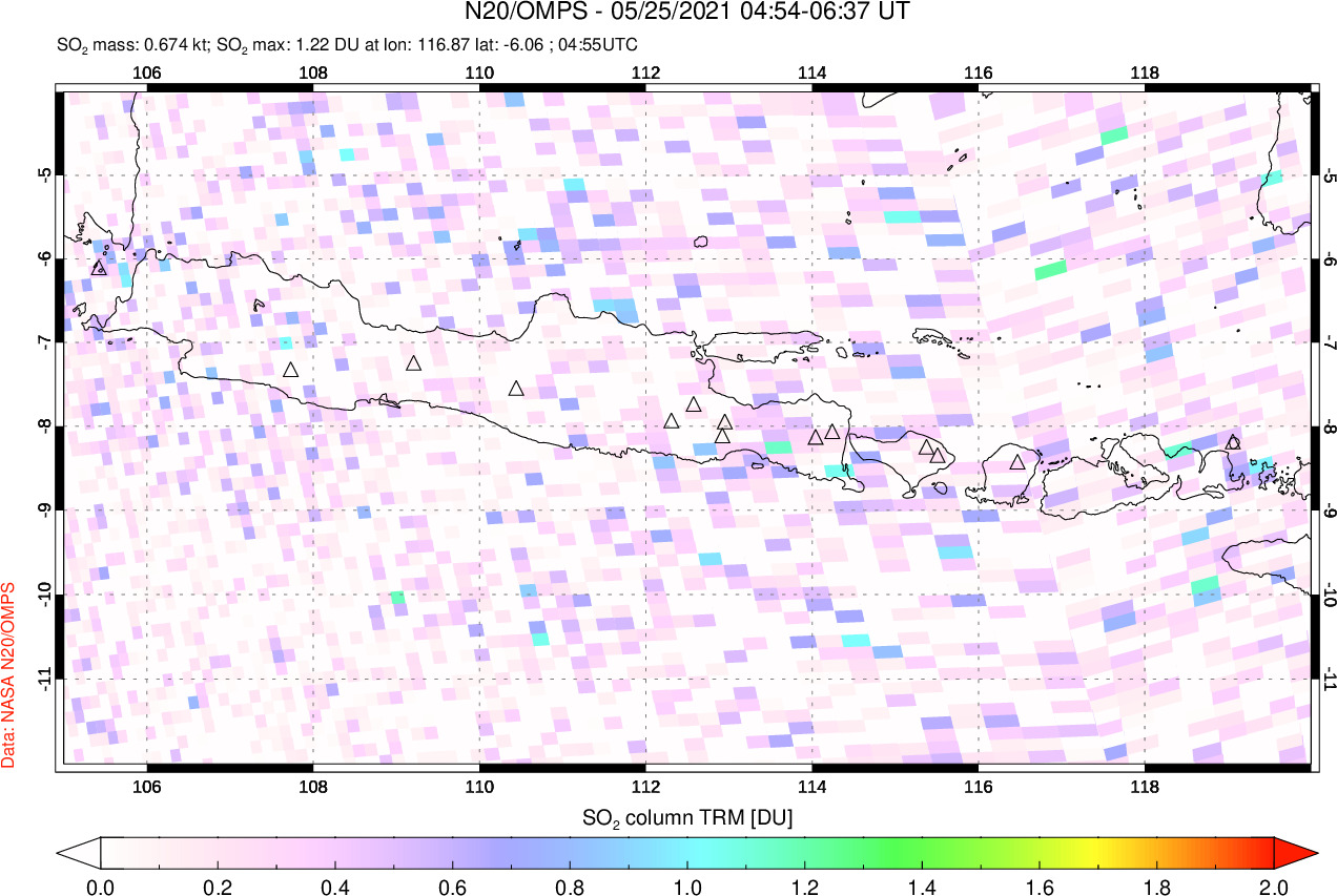 A sulfur dioxide image over Java, Indonesia on May 25, 2021.