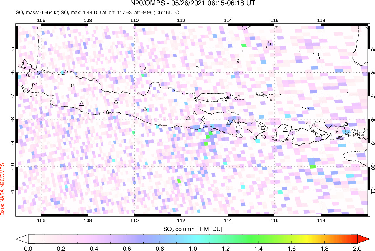 A sulfur dioxide image over Java, Indonesia on May 26, 2021.