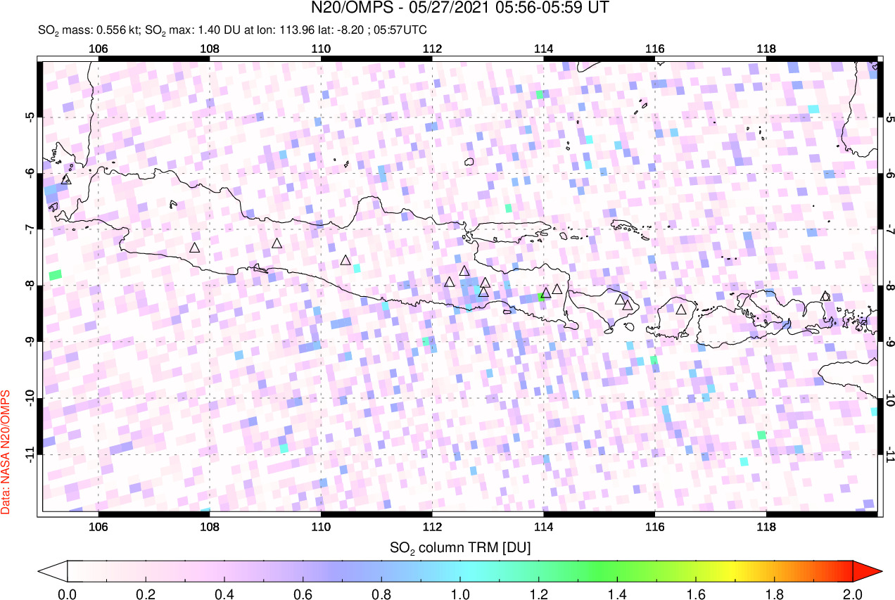 A sulfur dioxide image over Java, Indonesia on May 27, 2021.