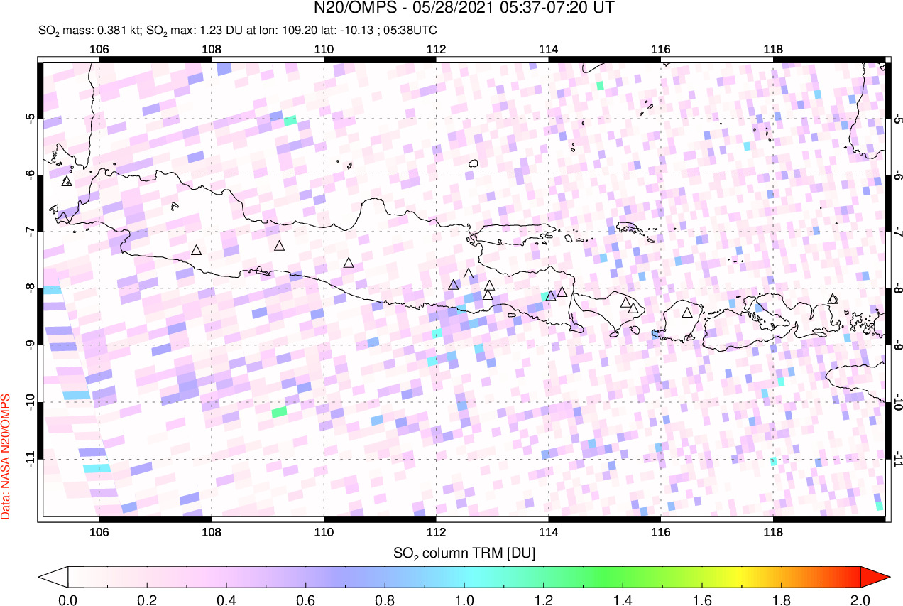 A sulfur dioxide image over Java, Indonesia on May 28, 2021.