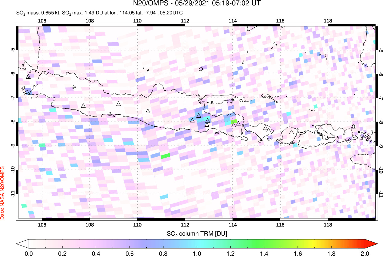 A sulfur dioxide image over Java, Indonesia on May 29, 2021.