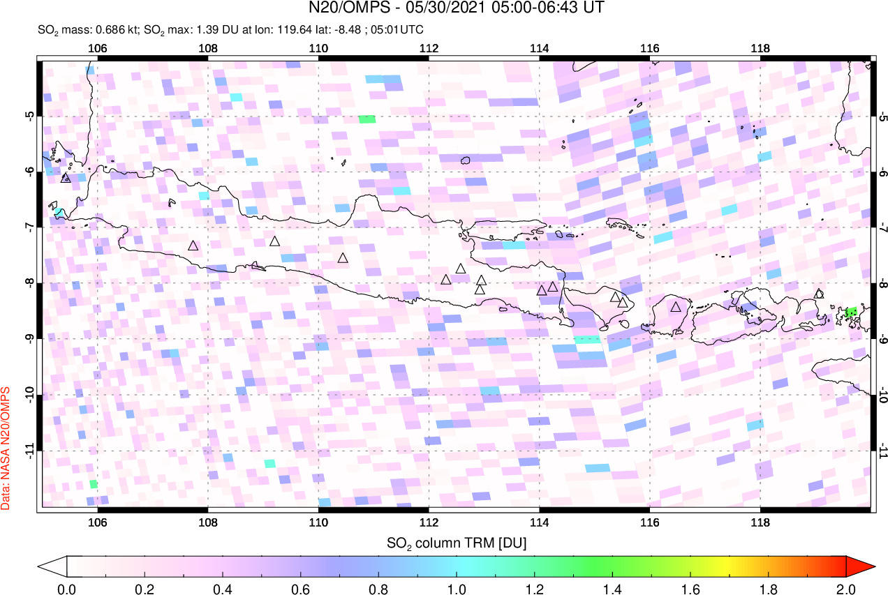 A sulfur dioxide image over Java, Indonesia on May 30, 2021.