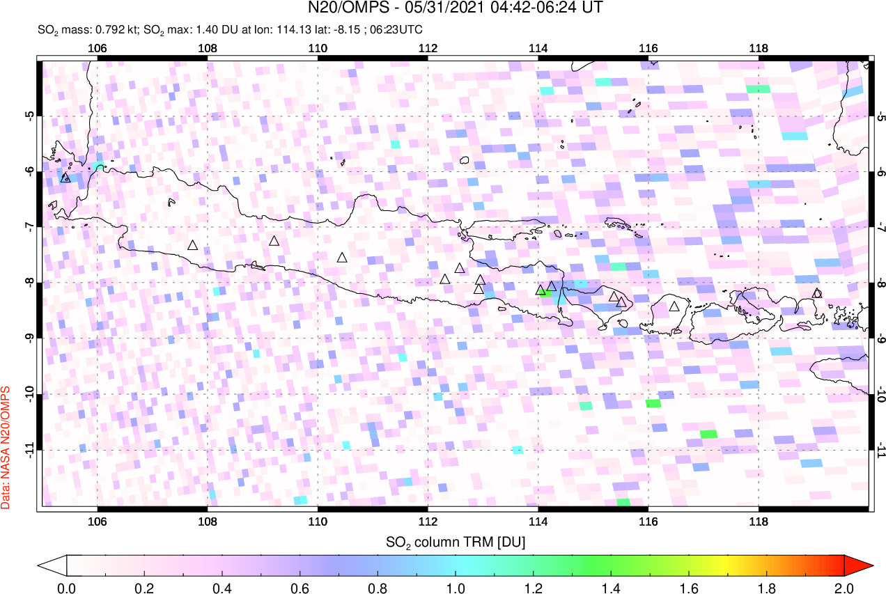 A sulfur dioxide image over Java, Indonesia on May 31, 2021.