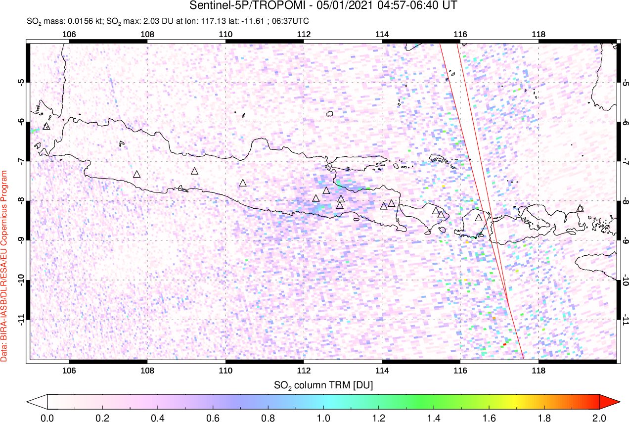 A sulfur dioxide image over Java, Indonesia on May 01, 2021.