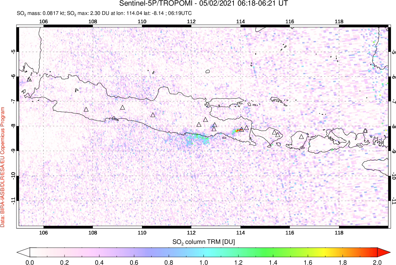 A sulfur dioxide image over Java, Indonesia on May 02, 2021.