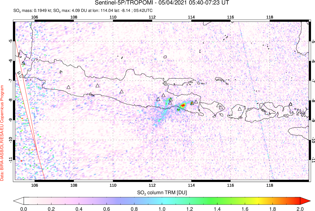 A sulfur dioxide image over Java, Indonesia on May 04, 2021.