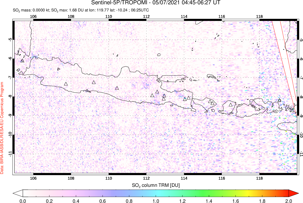 A sulfur dioxide image over Java, Indonesia on May 07, 2021.
