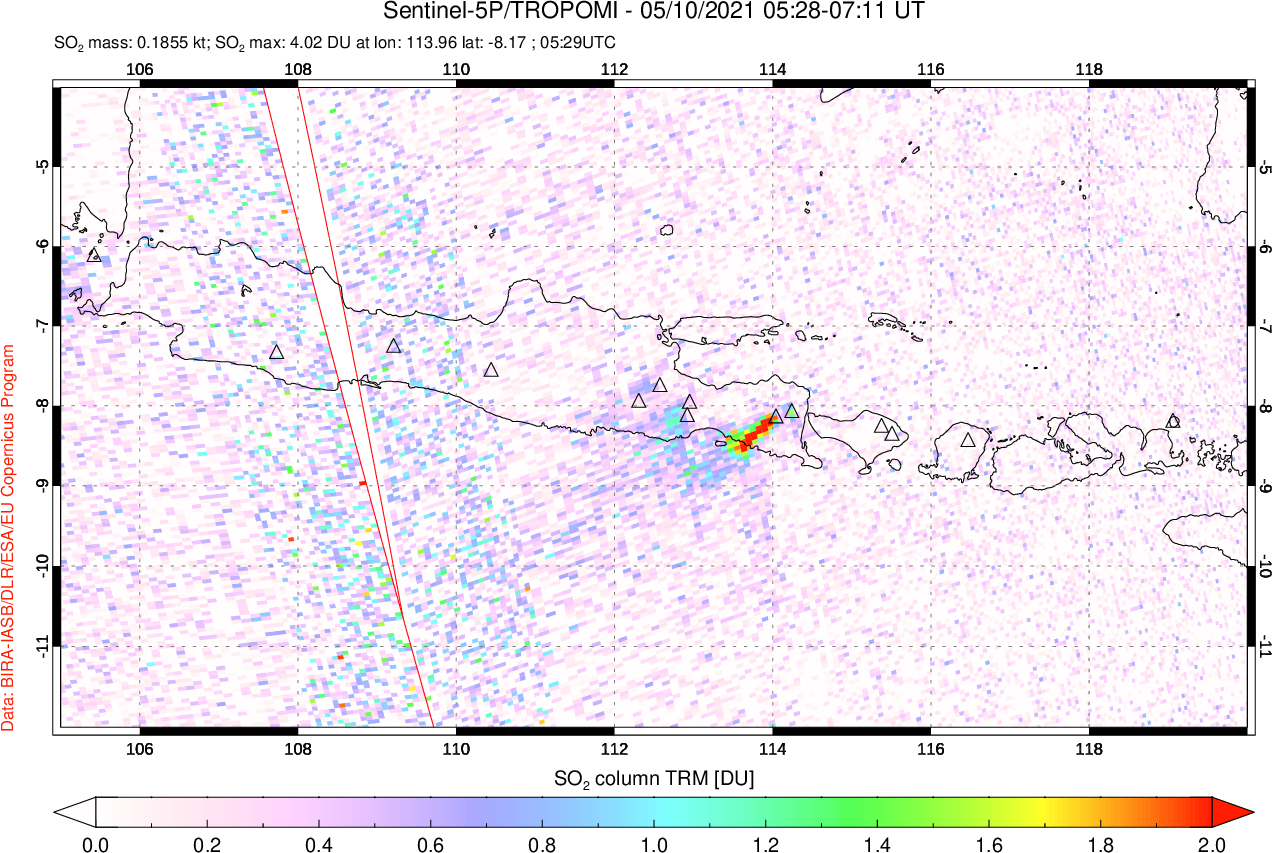 A sulfur dioxide image over Java, Indonesia on May 10, 2021.