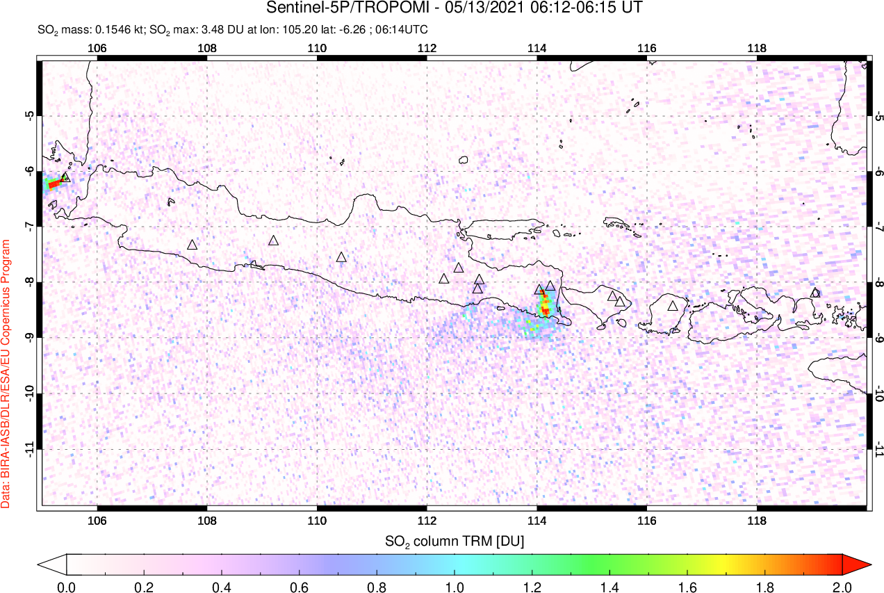 A sulfur dioxide image over Java, Indonesia on May 13, 2021.