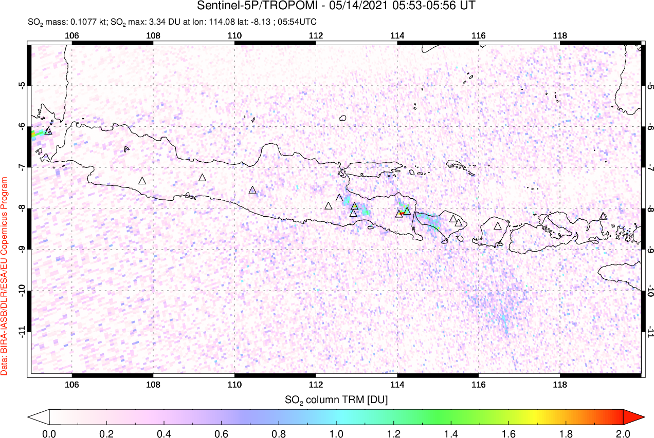 A sulfur dioxide image over Java, Indonesia on May 14, 2021.