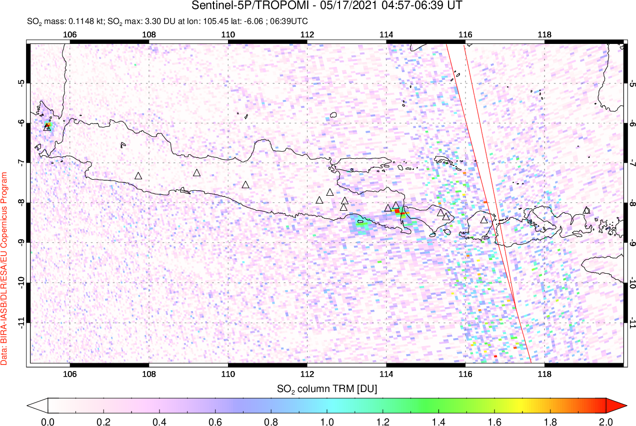 A sulfur dioxide image over Java, Indonesia on May 17, 2021.