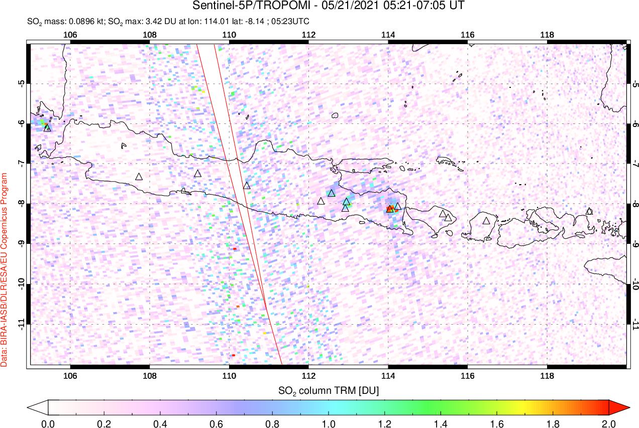 A sulfur dioxide image over Java, Indonesia on May 21, 2021.