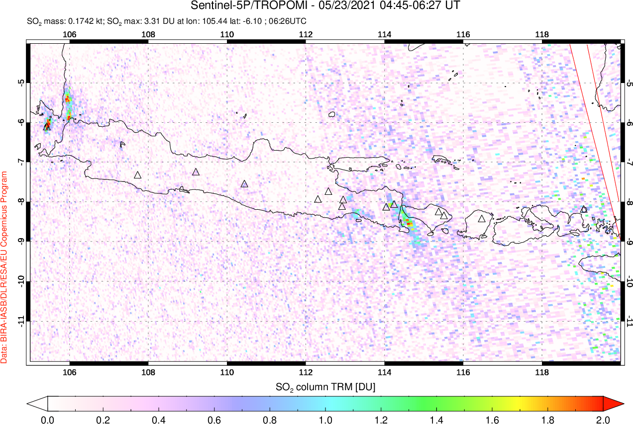 A sulfur dioxide image over Java, Indonesia on May 23, 2021.