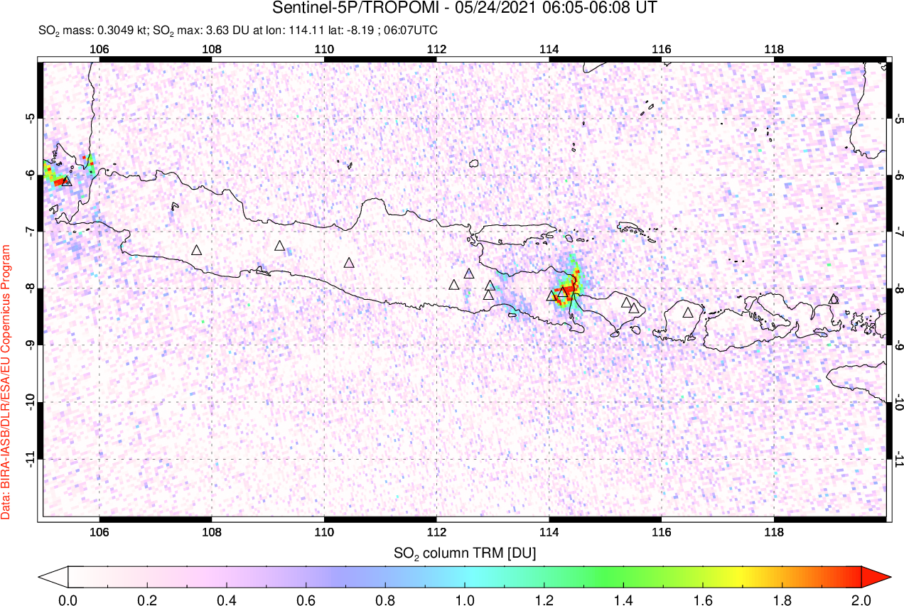A sulfur dioxide image over Java, Indonesia on May 24, 2021.