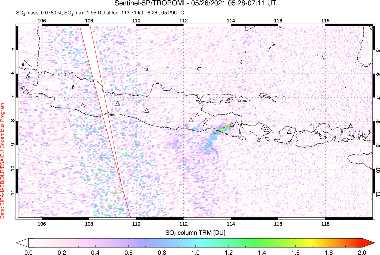 A sulfur dioxide image over Java, Indonesia on May 26, 2021.