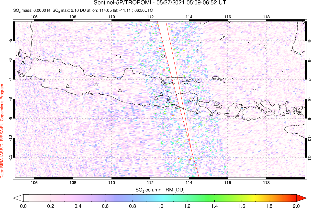A sulfur dioxide image over Java, Indonesia on May 27, 2021.
