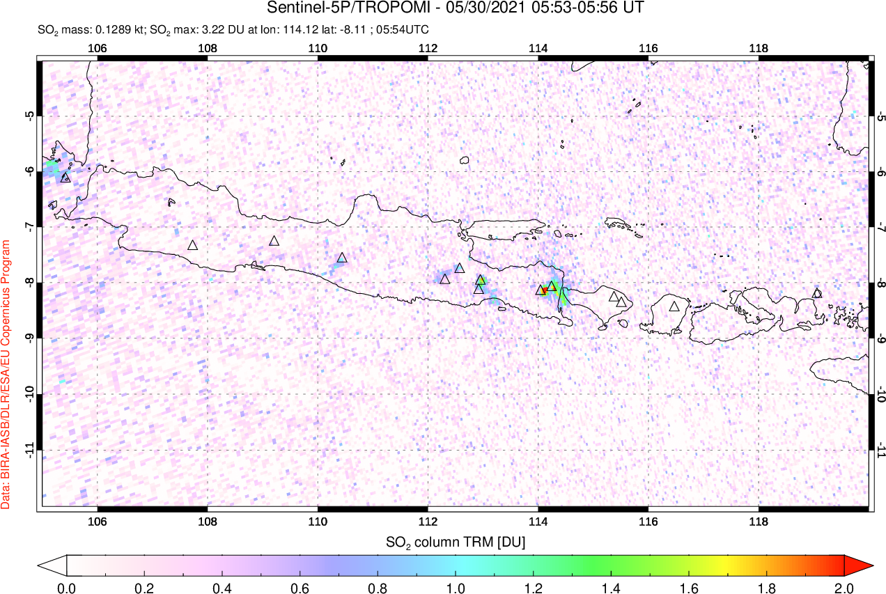A sulfur dioxide image over Java, Indonesia on May 30, 2021.
