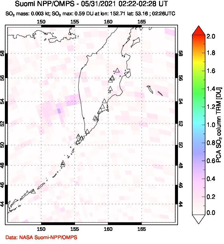A sulfur dioxide image over Kamchatka, Russian Federation on May 31, 2021.