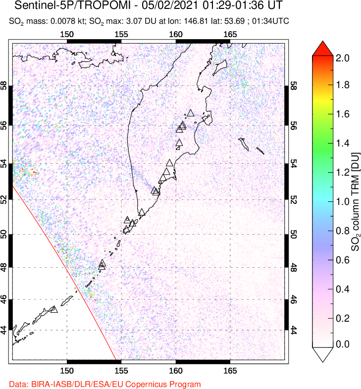 A sulfur dioxide image over Kamchatka, Russian Federation on May 02, 2021.
