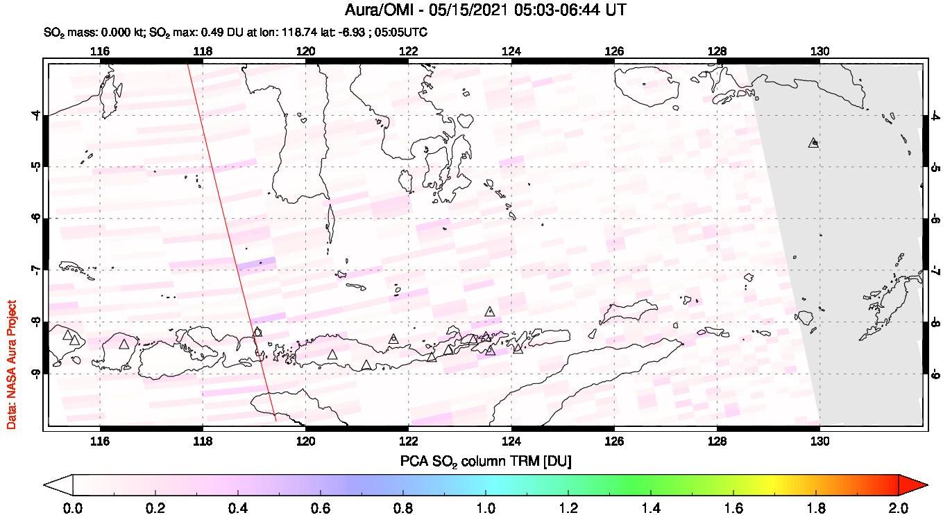 A sulfur dioxide image over Lesser Sunda Islands, Indonesia on May 15, 2021.