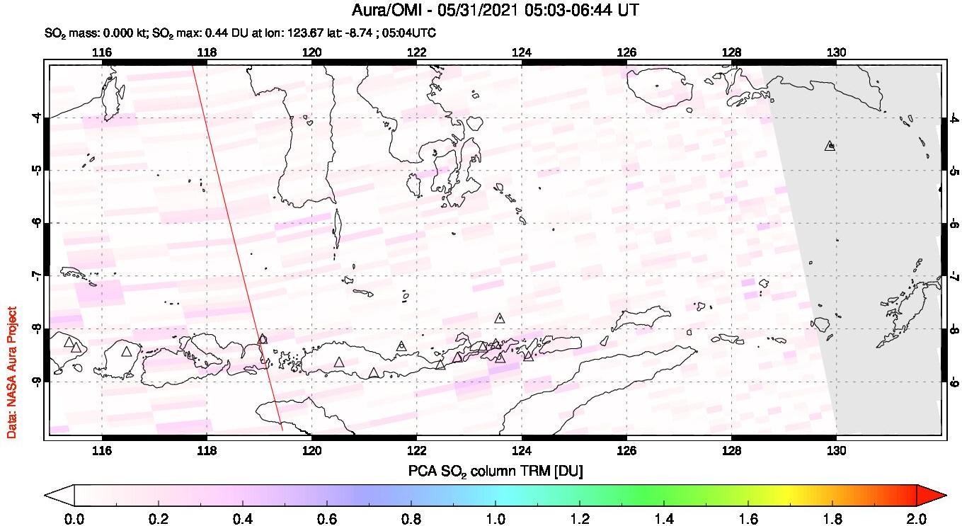 A sulfur dioxide image over Lesser Sunda Islands, Indonesia on May 31, 2021.
