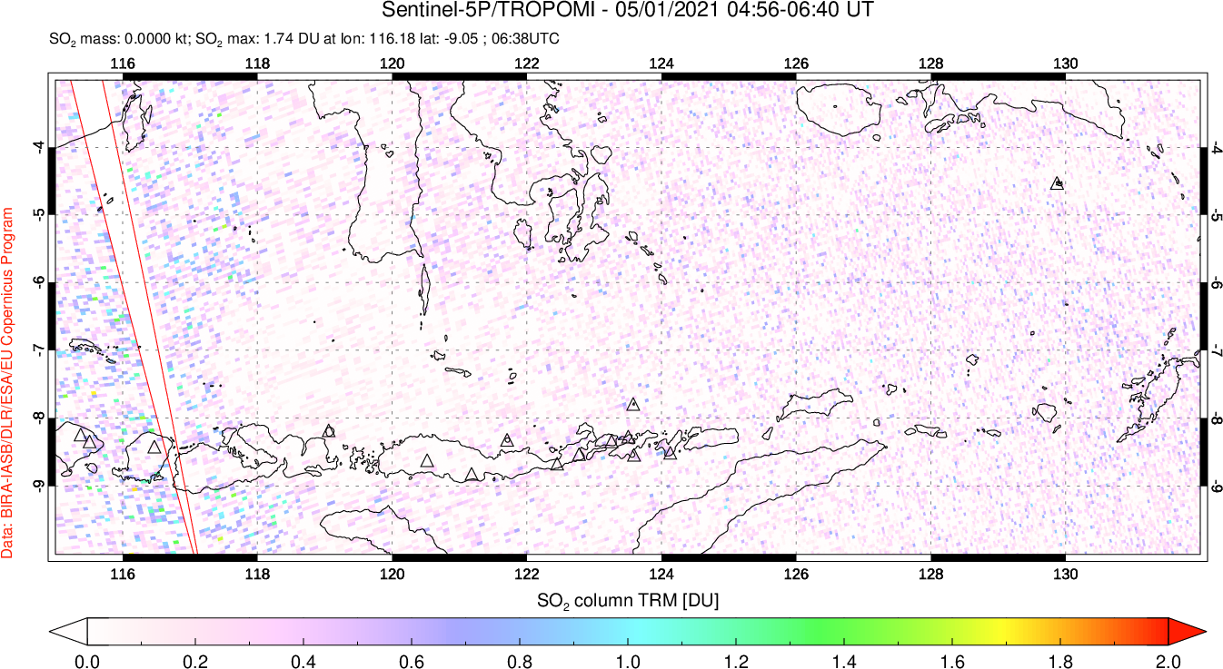 A sulfur dioxide image over Lesser Sunda Islands, Indonesia on May 01, 2021.