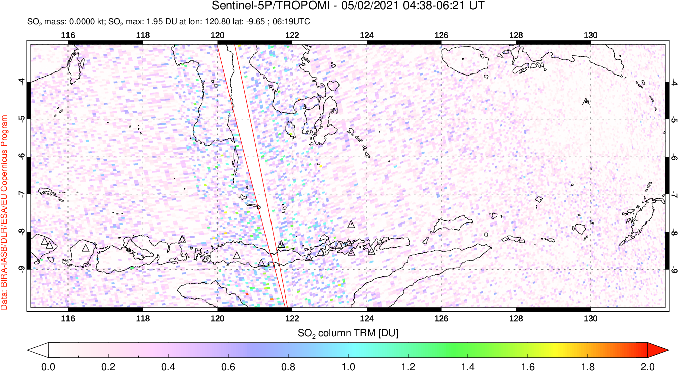 A sulfur dioxide image over Lesser Sunda Islands, Indonesia on May 02, 2021.