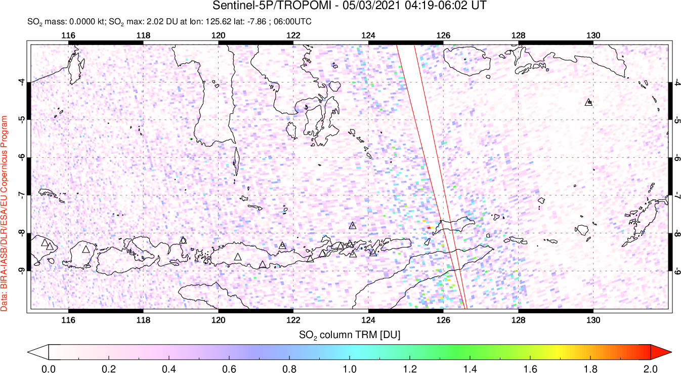 A sulfur dioxide image over Lesser Sunda Islands, Indonesia on May 03, 2021.