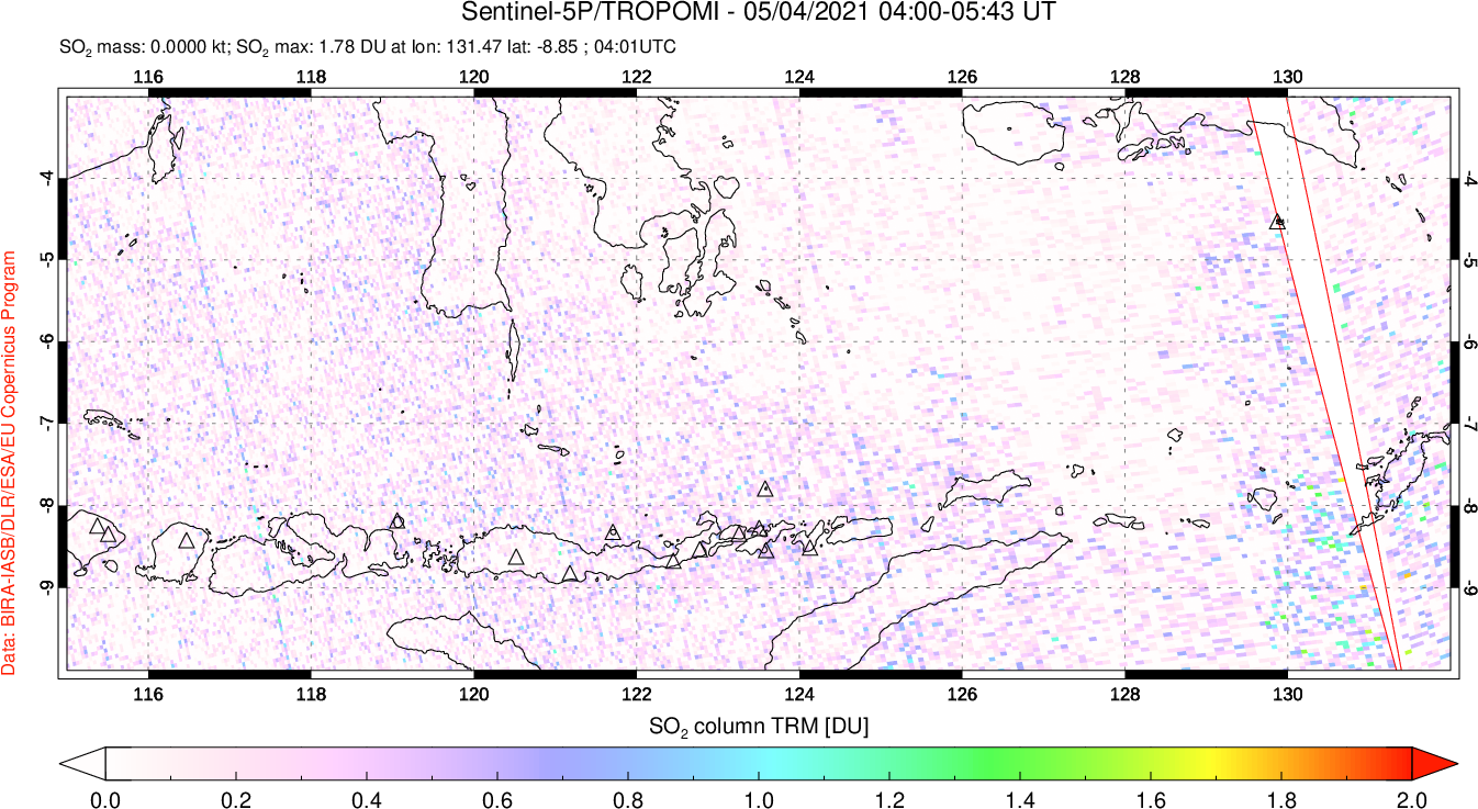 A sulfur dioxide image over Lesser Sunda Islands, Indonesia on May 04, 2021.