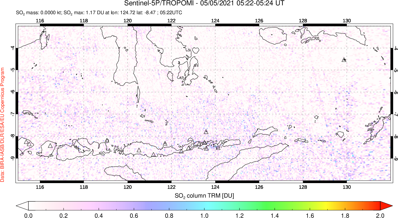 A sulfur dioxide image over Lesser Sunda Islands, Indonesia on May 05, 2021.