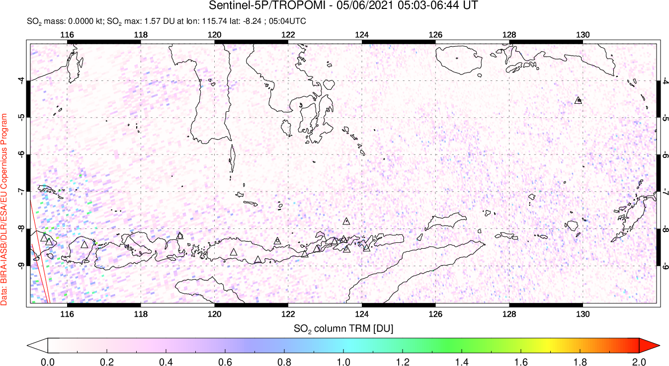 A sulfur dioxide image over Lesser Sunda Islands, Indonesia on May 06, 2021.