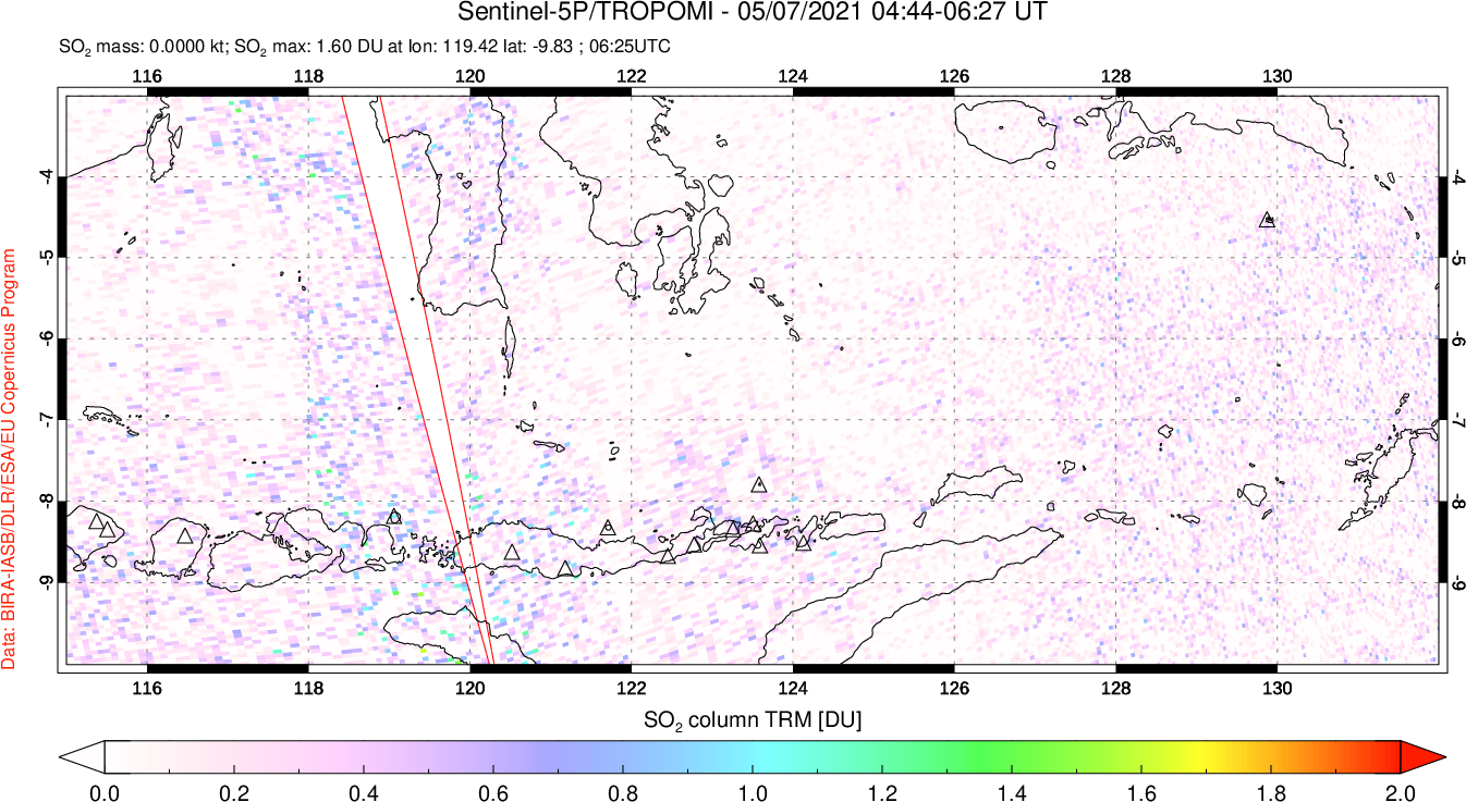 A sulfur dioxide image over Lesser Sunda Islands, Indonesia on May 07, 2021.