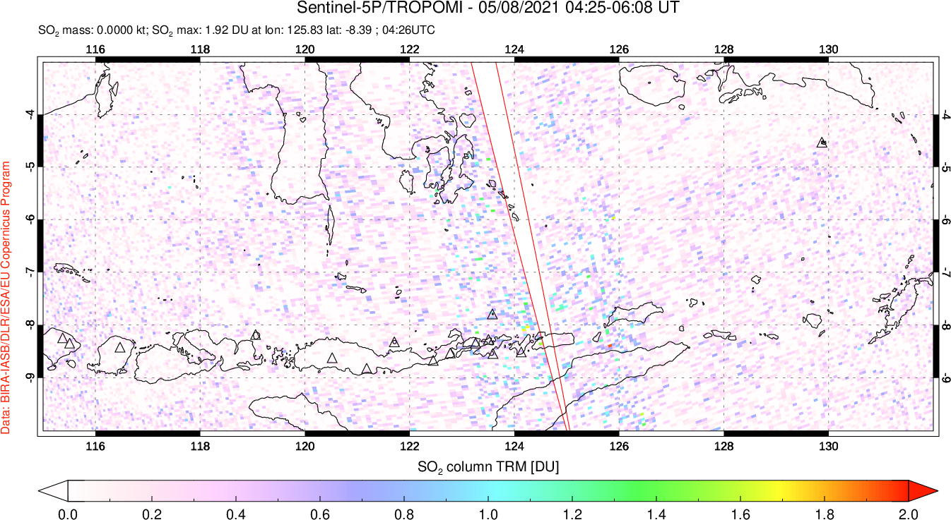 A sulfur dioxide image over Lesser Sunda Islands, Indonesia on May 08, 2021.