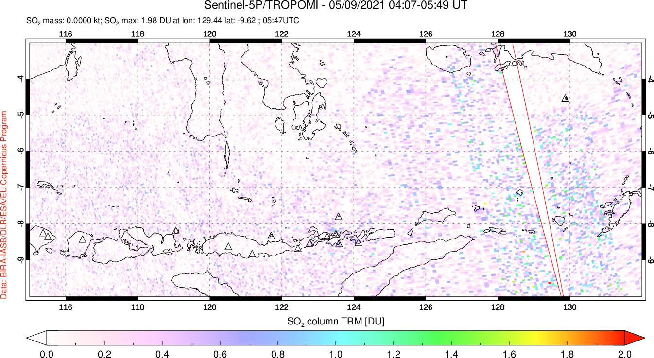 A sulfur dioxide image over Lesser Sunda Islands, Indonesia on May 09, 2021.