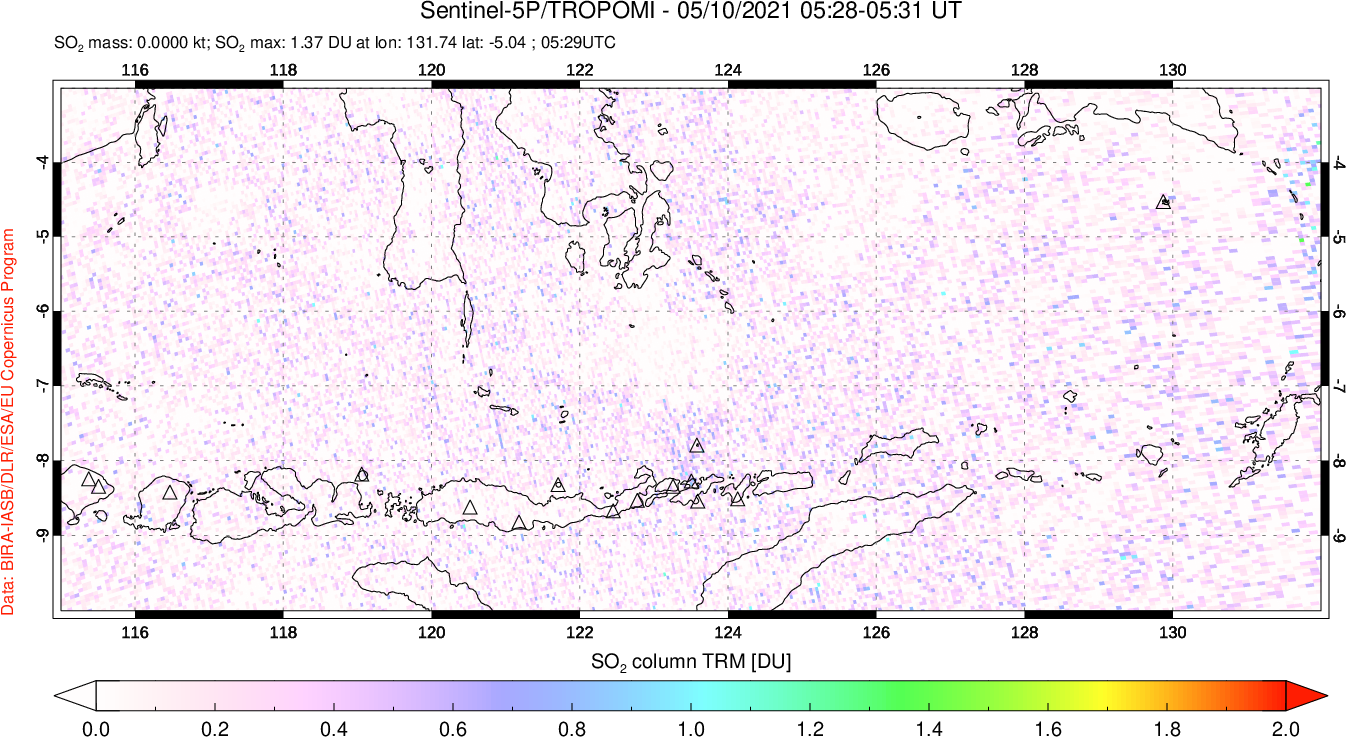 A sulfur dioxide image over Lesser Sunda Islands, Indonesia on May 10, 2021.