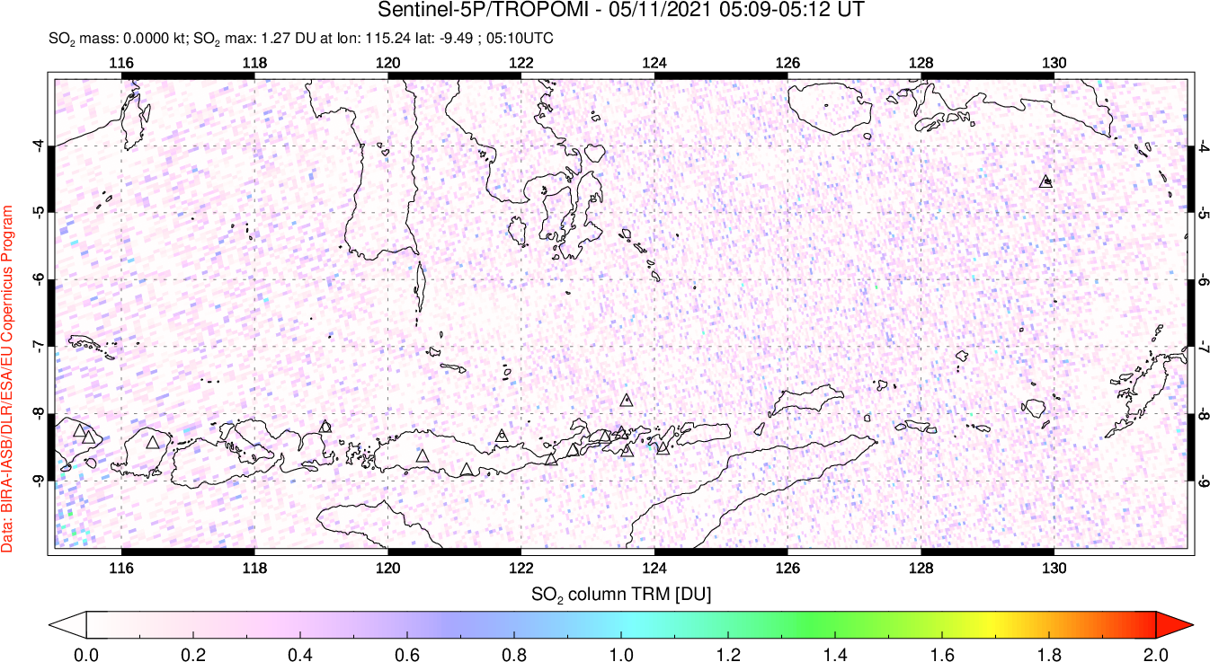 A sulfur dioxide image over Lesser Sunda Islands, Indonesia on May 11, 2021.