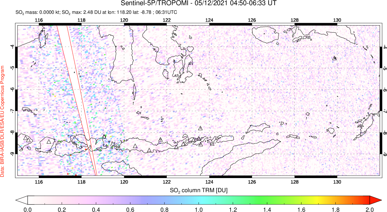 A sulfur dioxide image over Lesser Sunda Islands, Indonesia on May 12, 2021.