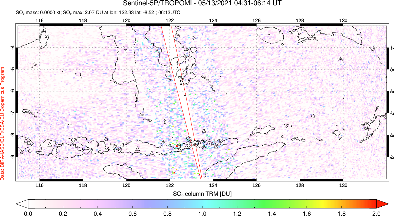 A sulfur dioxide image over Lesser Sunda Islands, Indonesia on May 13, 2021.