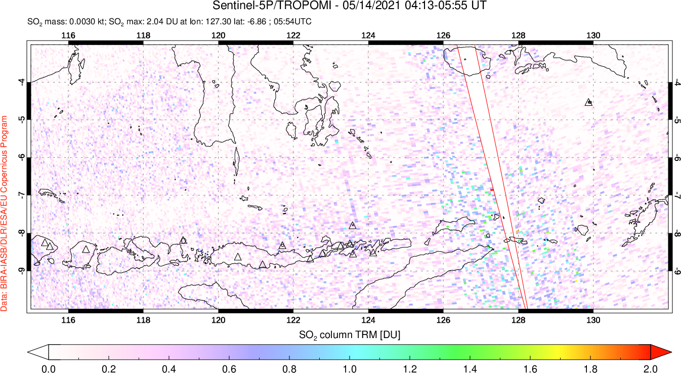 A sulfur dioxide image over Lesser Sunda Islands, Indonesia on May 14, 2021.