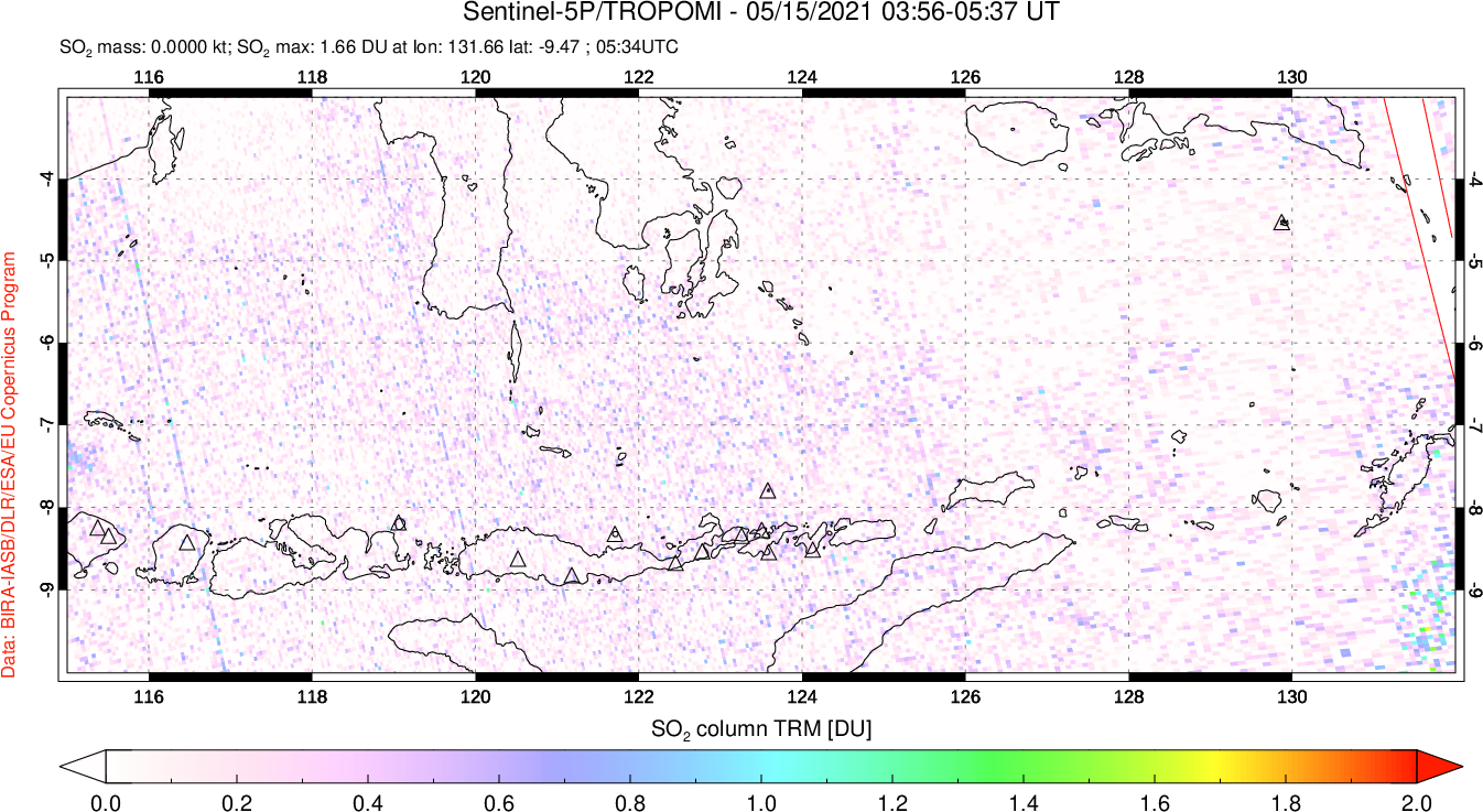 A sulfur dioxide image over Lesser Sunda Islands, Indonesia on May 15, 2021.