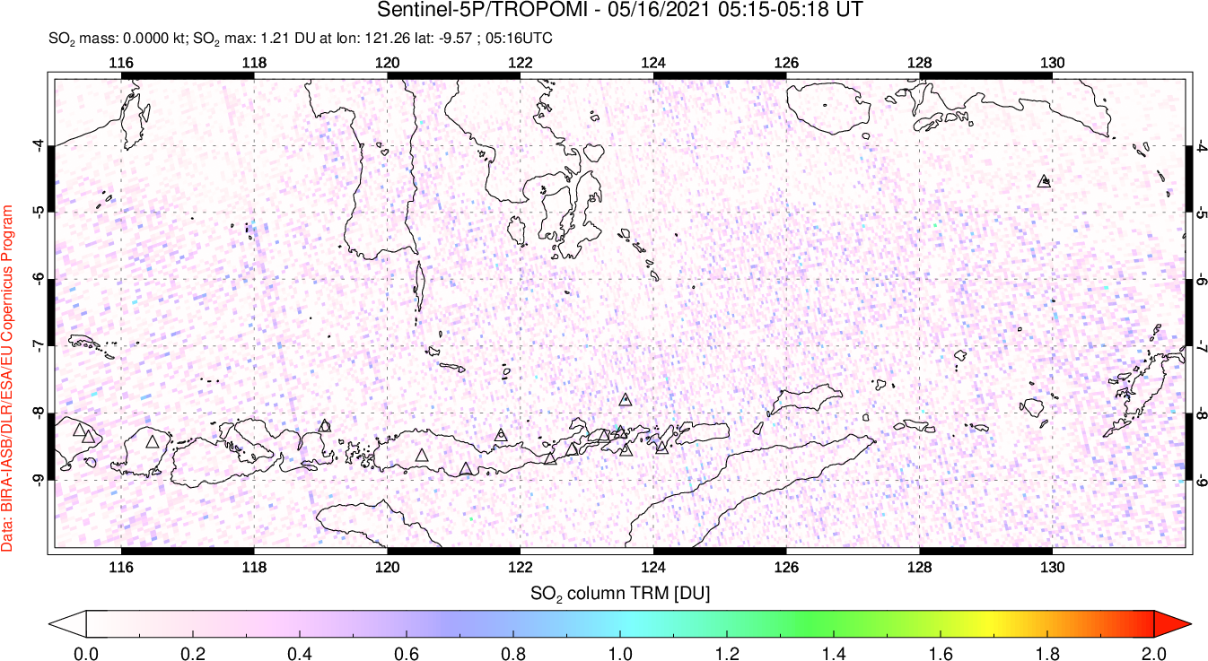 A sulfur dioxide image over Lesser Sunda Islands, Indonesia on May 16, 2021.