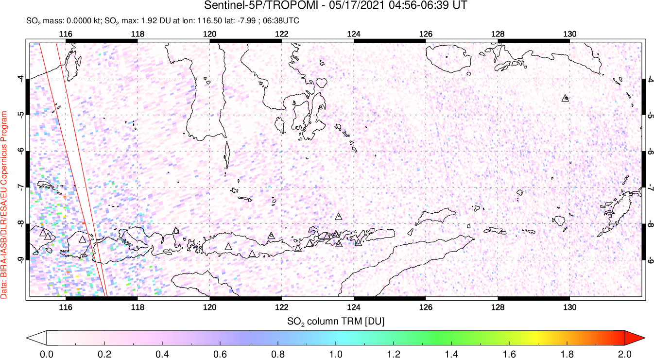 A sulfur dioxide image over Lesser Sunda Islands, Indonesia on May 17, 2021.