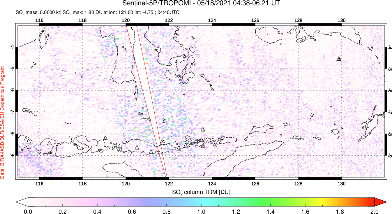 A sulfur dioxide image over Lesser Sunda Islands, Indonesia on May 18, 2021.