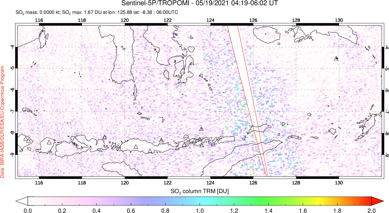 A sulfur dioxide image over Lesser Sunda Islands, Indonesia on May 19, 2021.