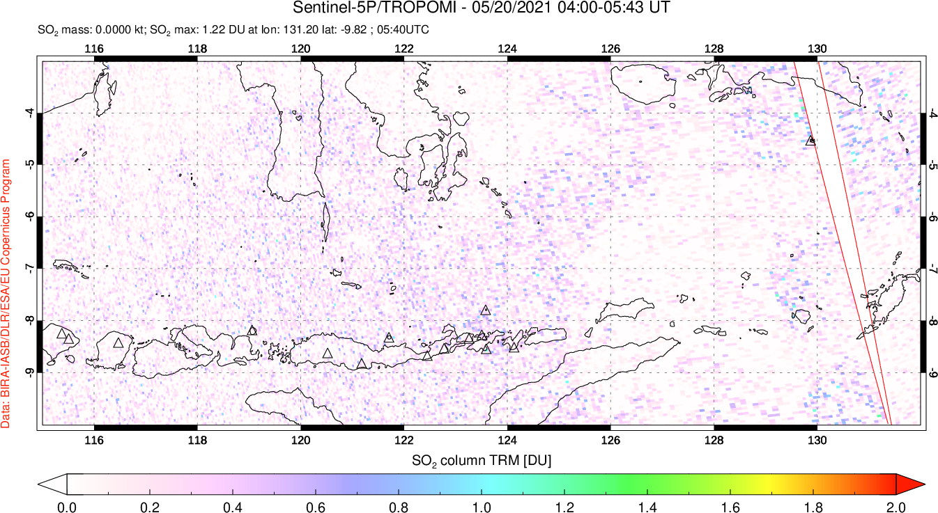 A sulfur dioxide image over Lesser Sunda Islands, Indonesia on May 20, 2021.