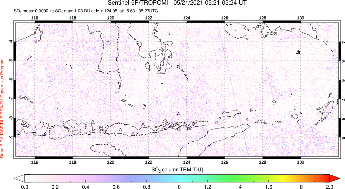 A sulfur dioxide image over Lesser Sunda Islands, Indonesia on May 21, 2021.