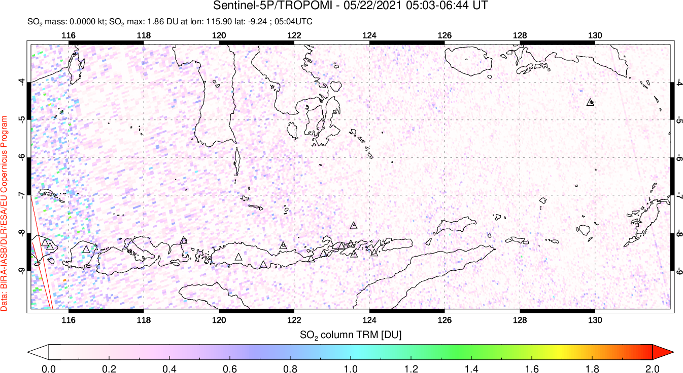 A sulfur dioxide image over Lesser Sunda Islands, Indonesia on May 22, 2021.