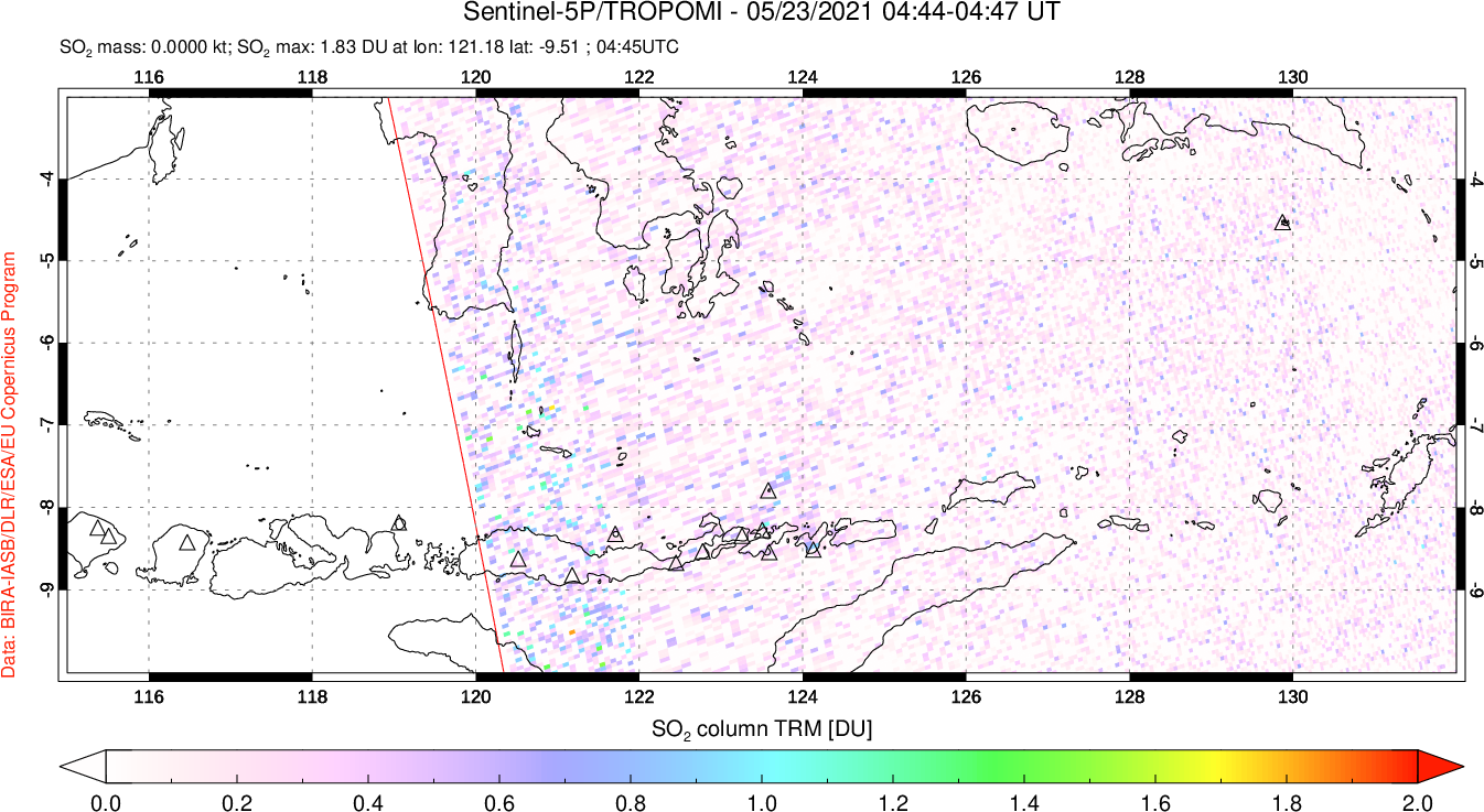 A sulfur dioxide image over Lesser Sunda Islands, Indonesia on May 23, 2021.